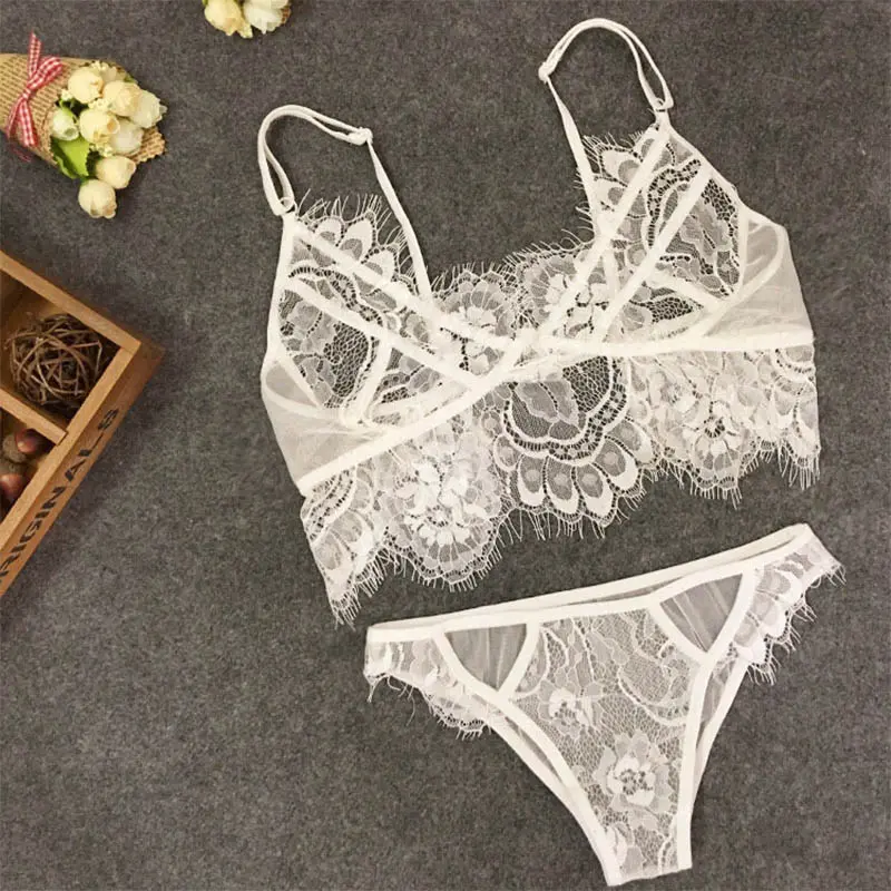 Lingerie Set Sexy Plus Size Hot Underwear Women Set Bra & Panty Thong Set Sexy Transparent Lingere Lace Black Open Intimates