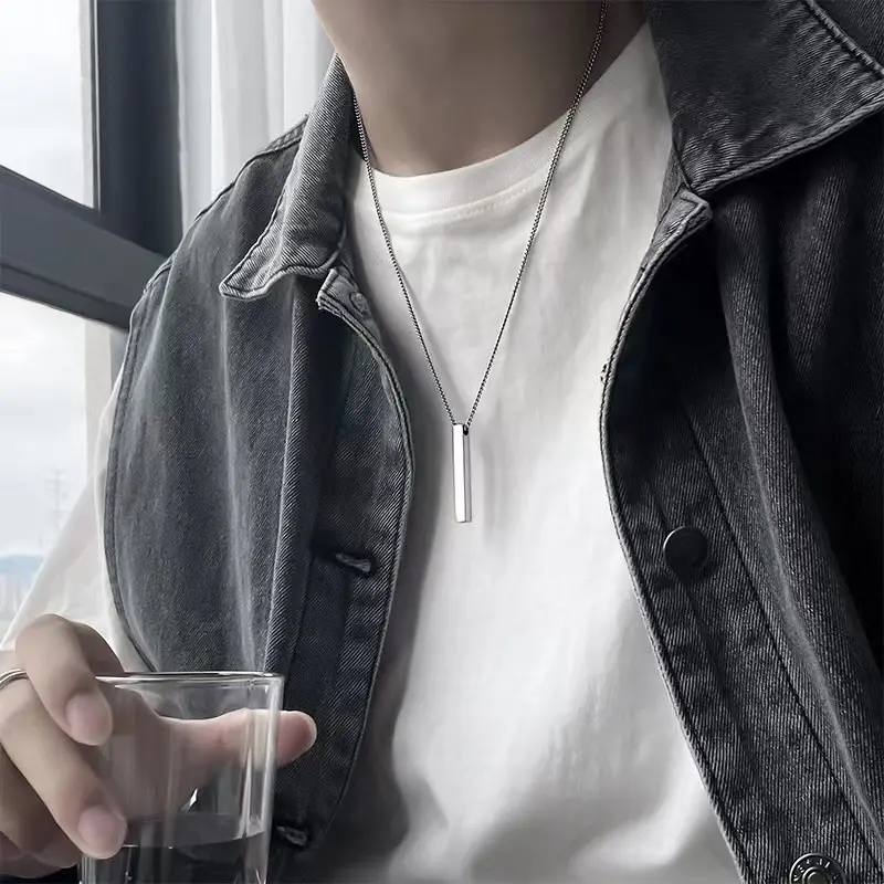 Waterproof 3D Vertical Bar Necklaces for Men,Minimalist Stainless Steel Geometric Pendant with Box Chain,Male Collar Jewelry