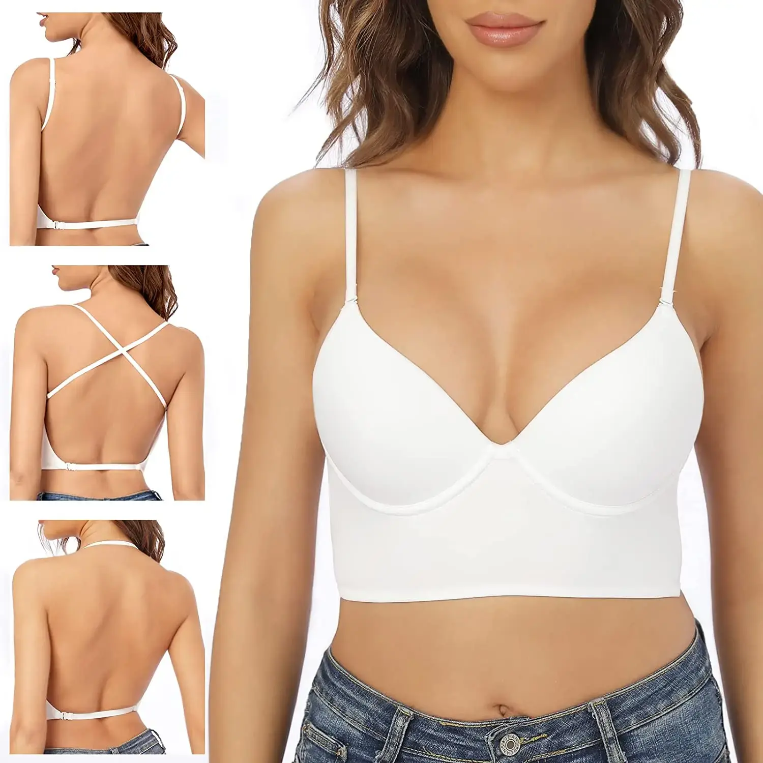 Women's Backless Bra Invisible Bralette Lace Wedding Bras Low Back Underwear Push Up Brassiere Seamless Lingerie Sexy Corset Bra