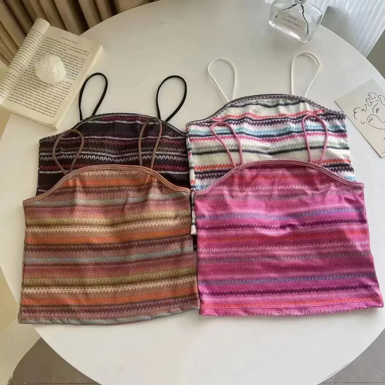 Women Summer Rainbow Stripe Colorful Cute Tops with Inner Chest Pads Spaghetti Straps Ladies Seaside Slim Wear