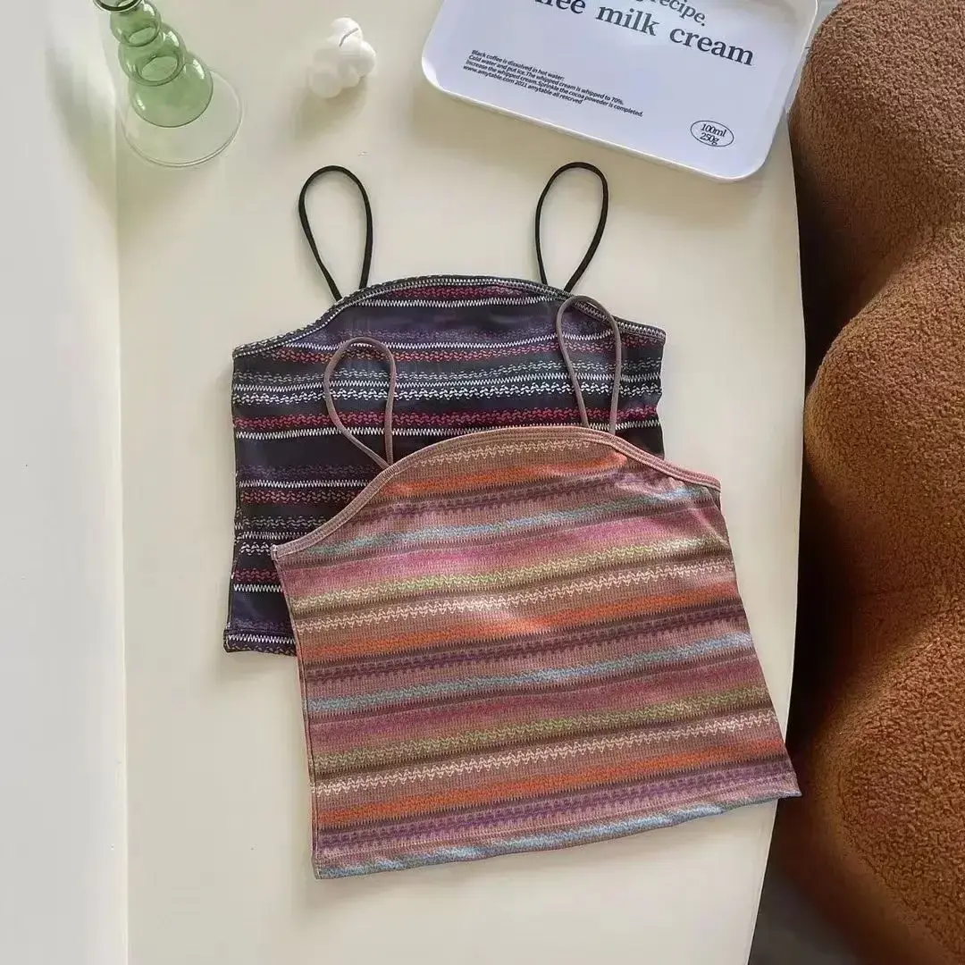 Women Summer Rainbow Stripe Colorful Cute Tops with Inner Chest Pads Spaghetti Straps Ladies Seaside Slim Wear