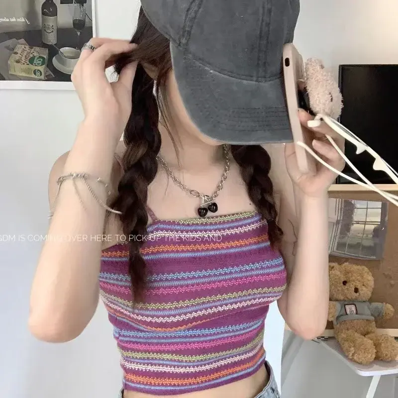 Women Summer Rainbow Stripe Colorful Cute Tops with Inner Chest Pads Spaghetti Straps Ladies Seaside Slim Wear