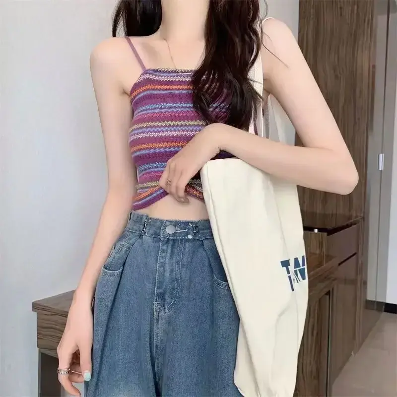 Women Summer Rainbow Stripe Colorful Cute Tops with Inner Chest Pads Spaghetti Straps Ladies Seaside Slim Wear