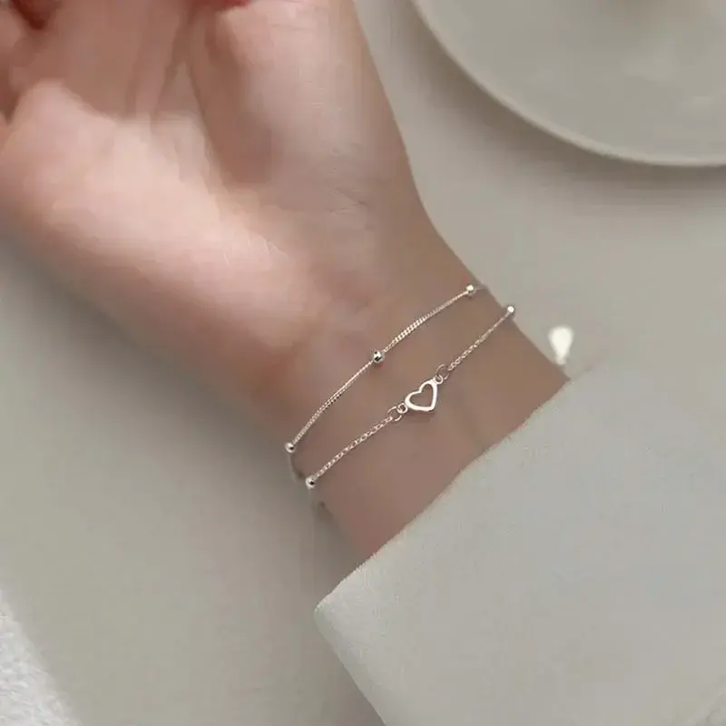 Korean Copper Double Love Heart Hollow Round Beads Bracelet Female Romantic Jewelry 925 Sterling Silver Women's Bracelet