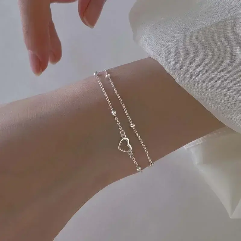 Korean Copper Double Love Heart Hollow Round Beads Bracelet Female Romantic Jewelry 925 Sterling Silver Women's Bracelet