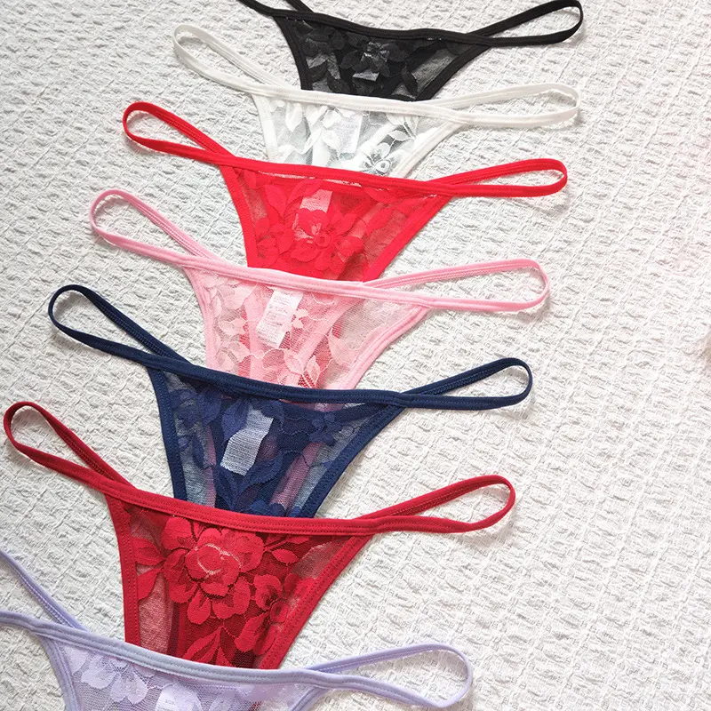 Solid Floral Lace Sexy Panties Ladies Low Waist Bow T-back Thong Adjustable Thin Belt Underwear Hollow See-through Lingerie