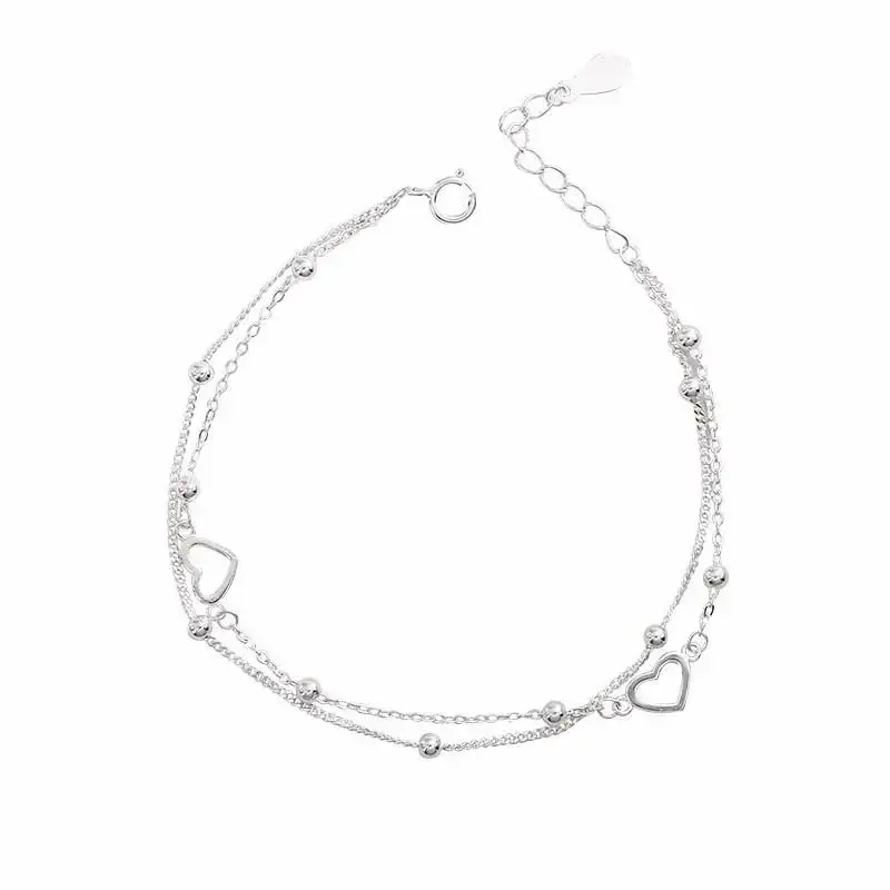 Korean Copper Double Love Heart Hollow Round Beads Bracelet Female Romantic Jewelry 925 Sterling Silver Women's Bracelet
