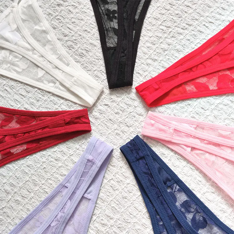 Solid Floral Lace Sexy Panties Ladies Low Waist Bow T-back Thong Adjustable Thin Belt Underwear Hollow See-through Lingerie