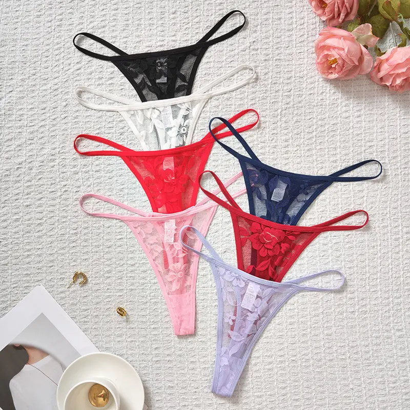 Solid Floral Lace Sexy Panties Ladies Low Waist Bow T-back Thong Adjustable Thin Belt Underwear Hollow See-through Lingerie