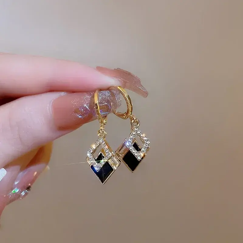 Delicate Black Double Rhombus Ear Buckle Korean Trendy Personality Niche Rhinestone Earrings for Women Jewelry Drop Earring