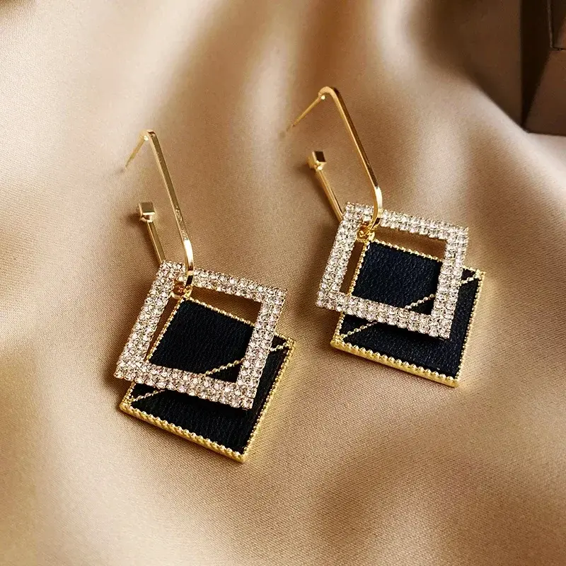 Delicate Black Double Rhombus Ear Buckle Korean Trendy Personality Niche Rhinestone Earrings for Women Jewelry Drop Earring