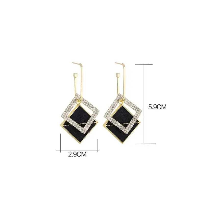 Delicate Black Double Rhombus Ear Buckle Korean Trendy Personality Niche Rhinestone Earrings for Women Jewelry Drop Earring