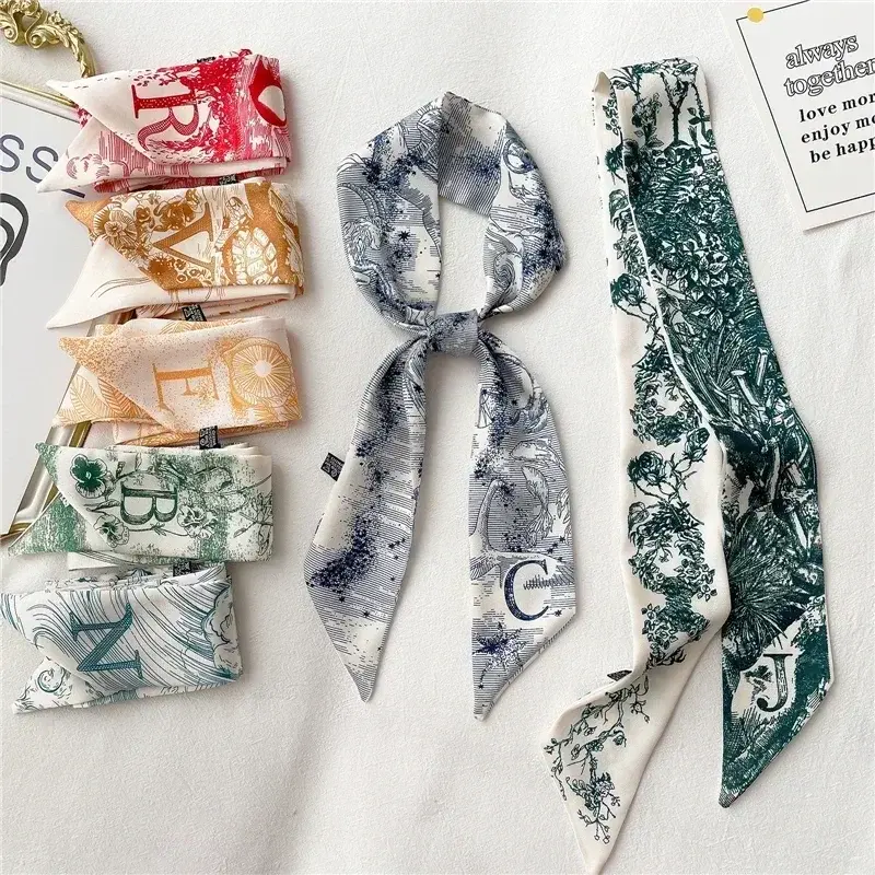 Fashion Skinny Scarf Women Luxury letter Printing Tie Bag Handle Ribbon Hair Band Women's Headscarf New Lady Design Silk Scarves