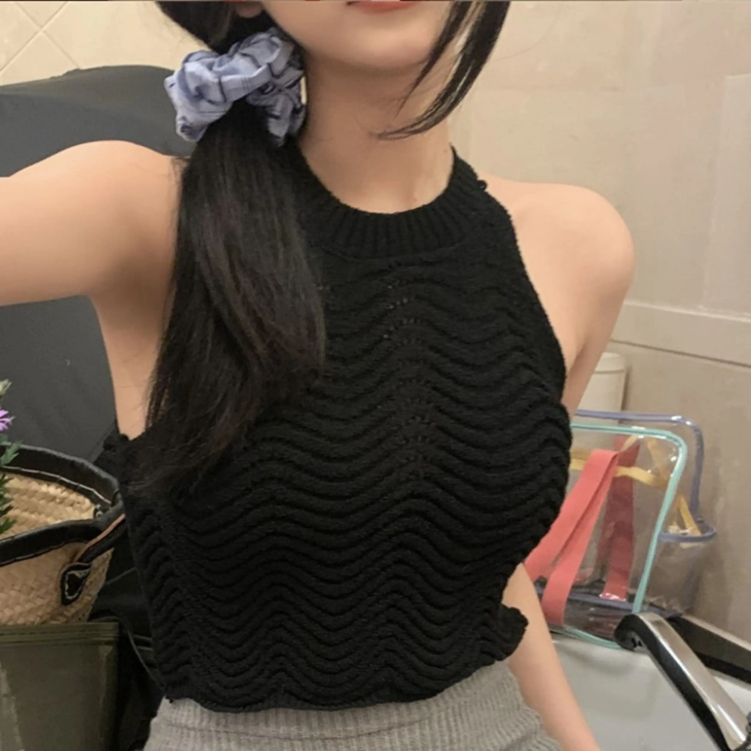Summer New Design Sense Advanced Round Neck Textured High Waist Knitted Tank Top Beach Style Mesh Cute Sexy Clavicle Spicy