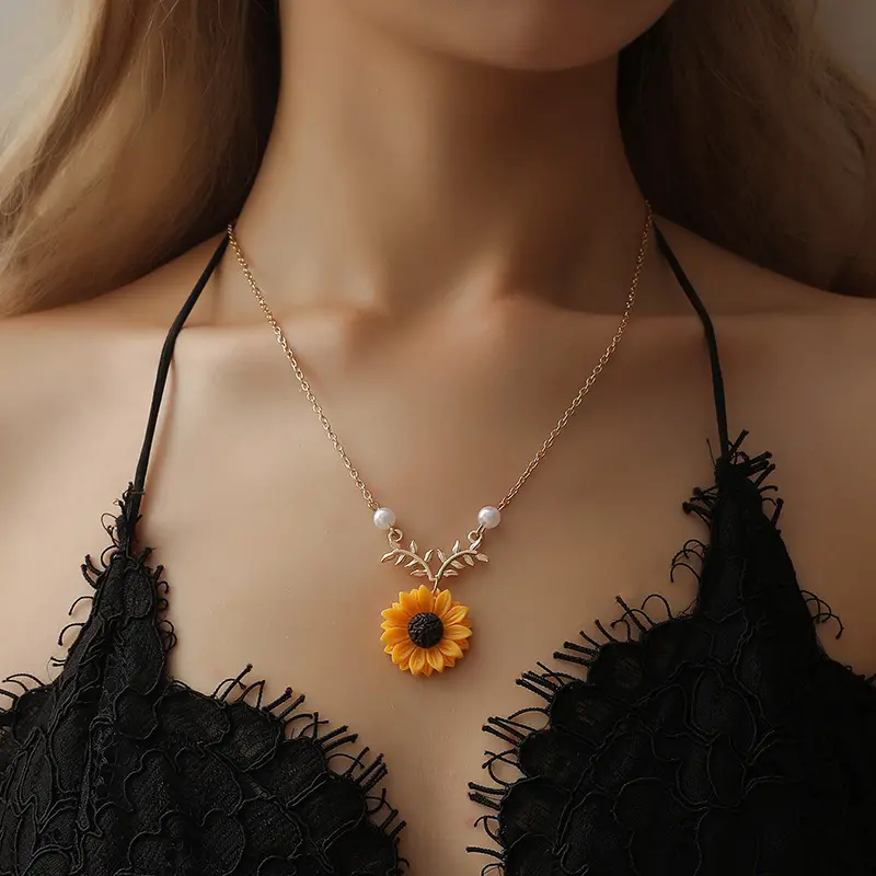 Cute Sweet Resin Flower Pendant Metal Leaves Chain Sunflower Necklace Bracelet Rings Earring Set Jewelry