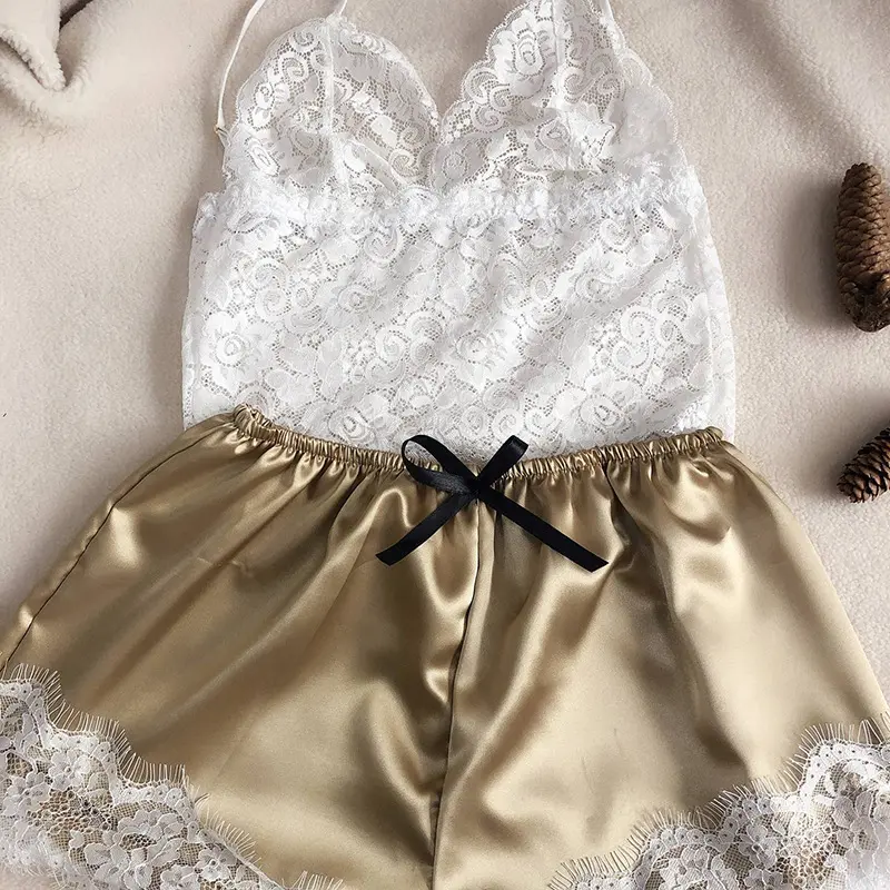 Summer 2Pcs Women's New Sexy Lace See-Through Pajamas Black Pink Cute Clothes Comfortable Breathable Suspender Shorts Set