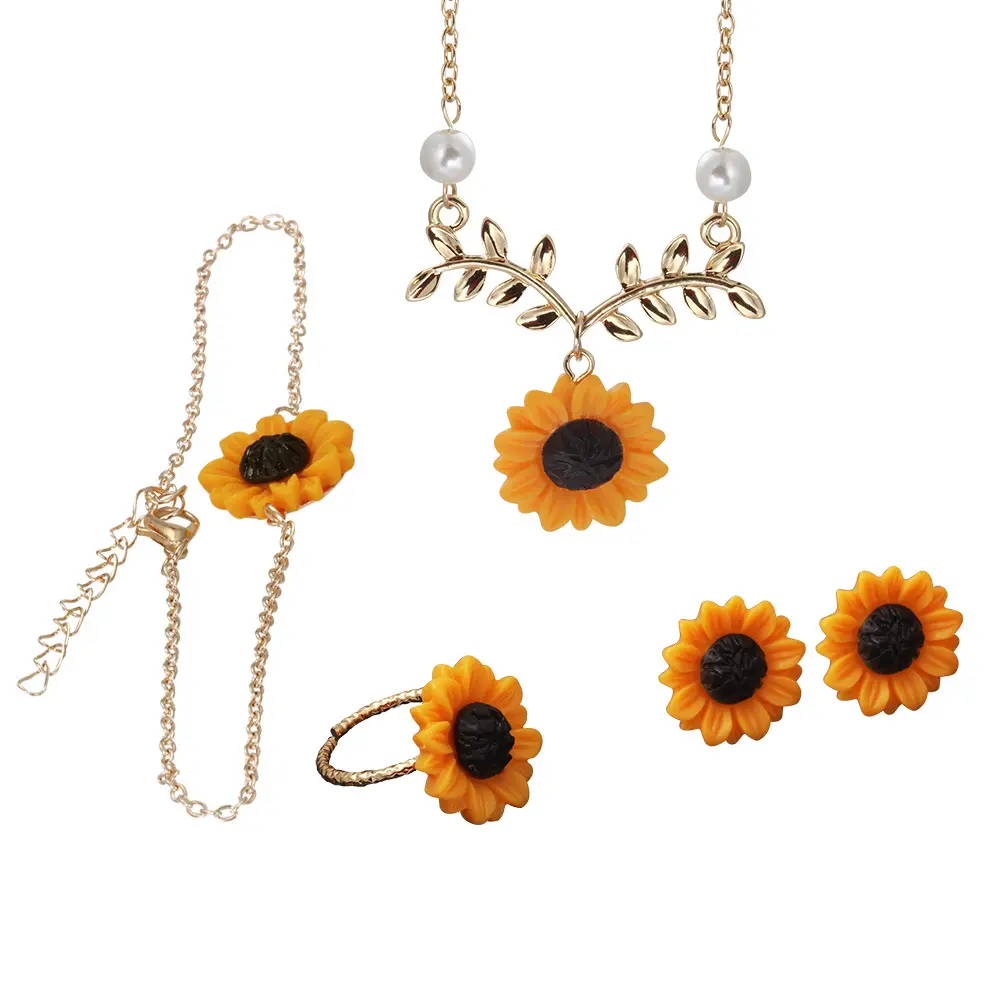 Cute Sweet Resin Flower Pendant Metal Leaves Chain Sunflower Necklace Bracelet Rings Earring Set Jewelry