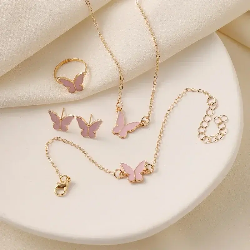 5Pcs/Set Fashion Butterfly Pendant Necklace Earrings Ring Bracelet Set For Women Engagement Wedding Jewelry Set