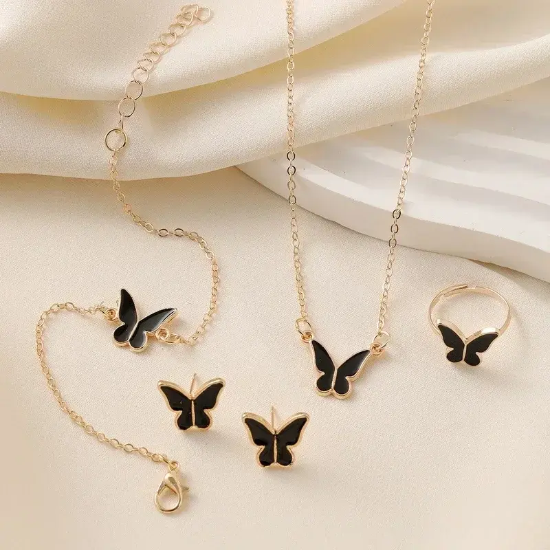 5Pcs/Set Fashion Butterfly Pendant Necklace Earrings Ring Bracelet Set For Women Engagement Wedding Jewelry Set