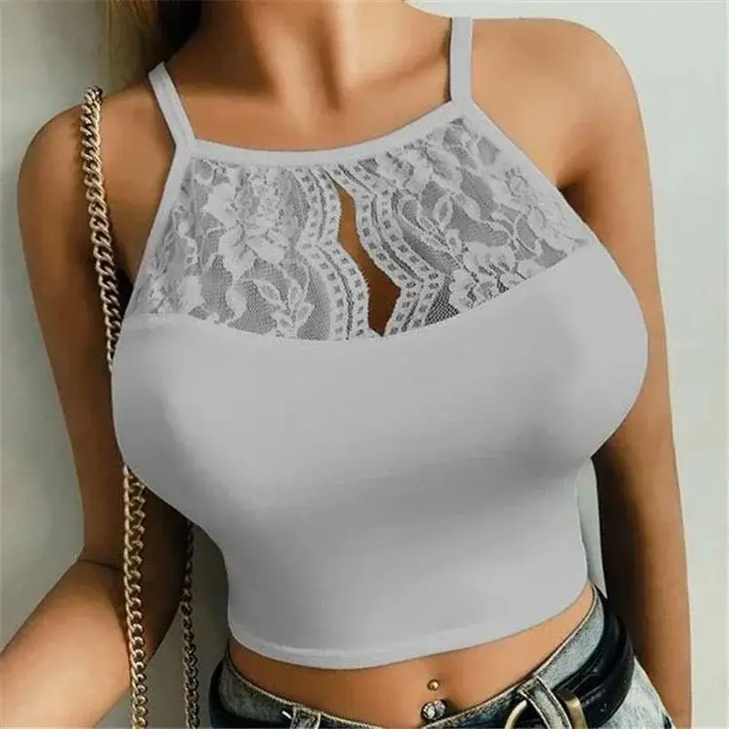 Sexy Lace Floral  Spaghetti Crop Tops For Women Summer Girl Fitness Hollow Out Tank Top Kawaii Camis Top Female
