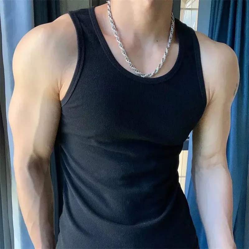 Vintage Stretch Round Neck Slim Tank Top Sleeveless T-Shirt Bottom Shirt Ribbed Camisoles Sports Sweat Tough Fitness Men Vest