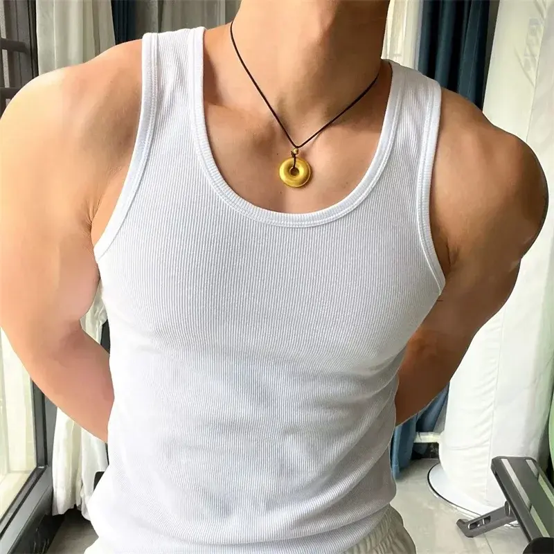 Vintage Stretch Round Neck Slim Tank Top Sleeveless T-Shirt Bottom Shirt Ribbed Camisoles Sports Sweat Tough Fitness Men Vest