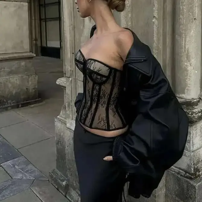 Black Mesh Lines Patchwork Vest Women Y2K Print Chest Wrap Sexy Backless Skinny Strctch Summer Trend Streetwear Tops