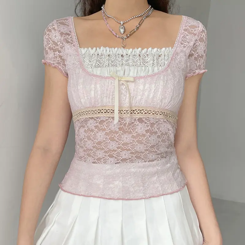 Women Tops Summer Lace Patchwork Square Collar Short Sleeve Cropped T Shirt Cute Fairycore Clothes E Girl Clothing