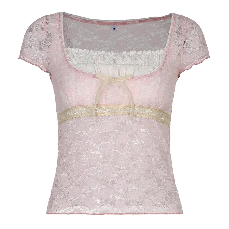 Women Tops Summer Lace Patchwork Square Collar Short Sleeve Cropped T Shirt Cute Fairycore Clothes E Girl Clothing