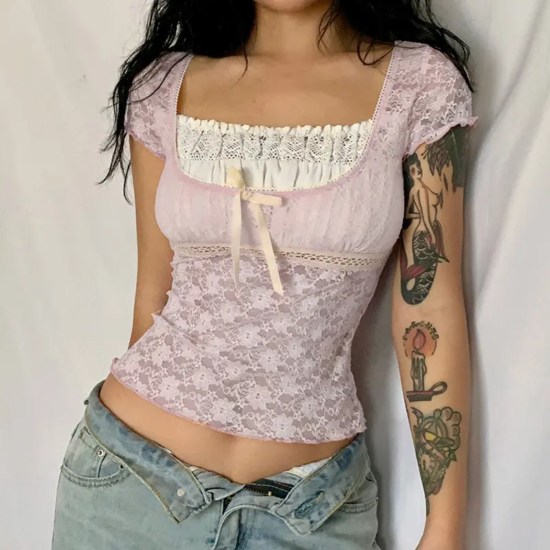 Women Tops Summer Lace Patchwork Square Collar Short Sleeve Cropped T Shirt Cute Fairycore Clothes E Girl Clothing