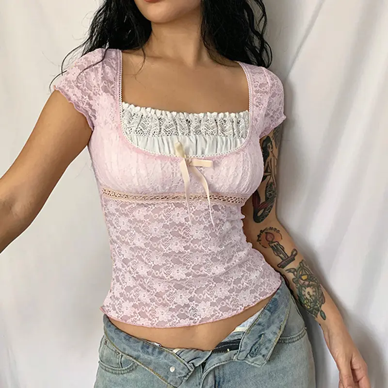 Women Tops Summer Lace Patchwork Square Collar Short Sleeve Cropped T Shirt Cute Fairycore Clothes E Girl Clothing
