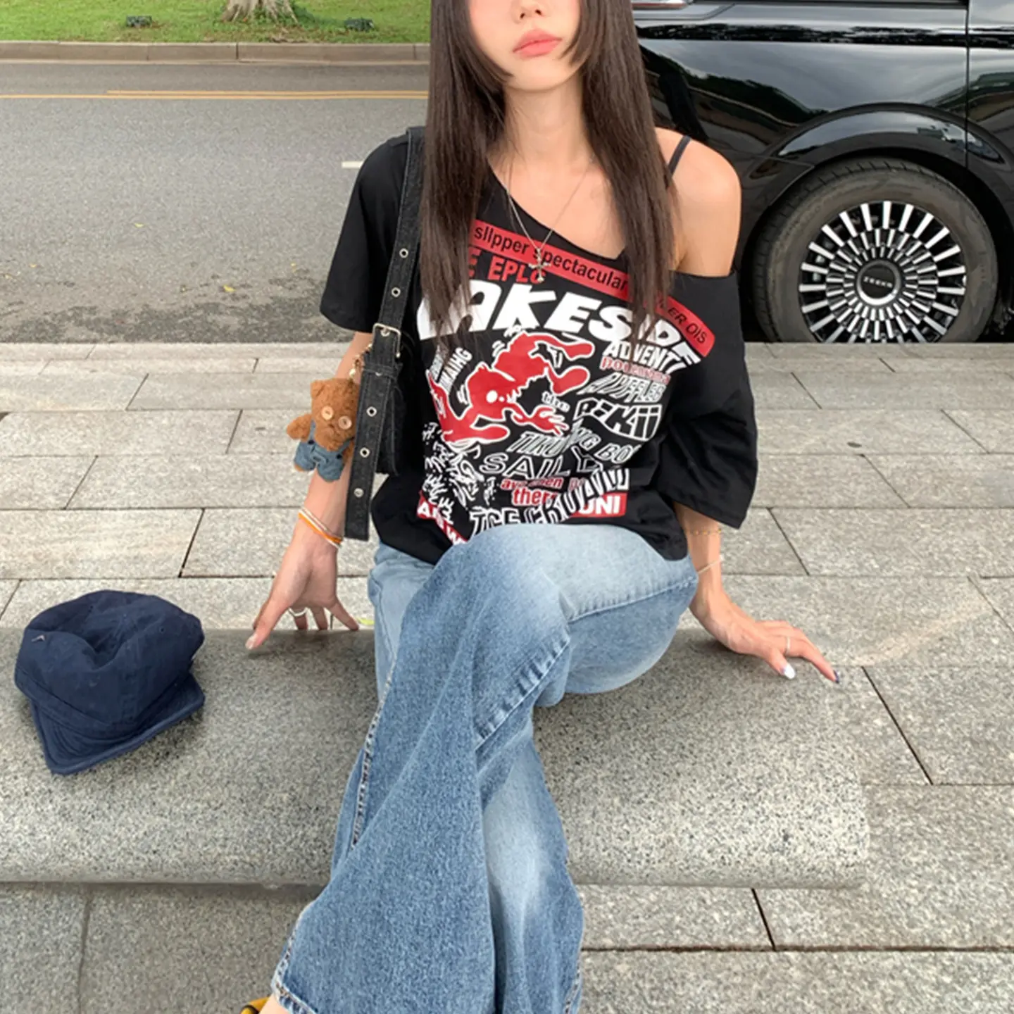Y2K Sexy Grey Letter Print Short Sleeve Off-Shoulder T-Shirts New Fashion Crop Tops Women Summer Tees Streetwear