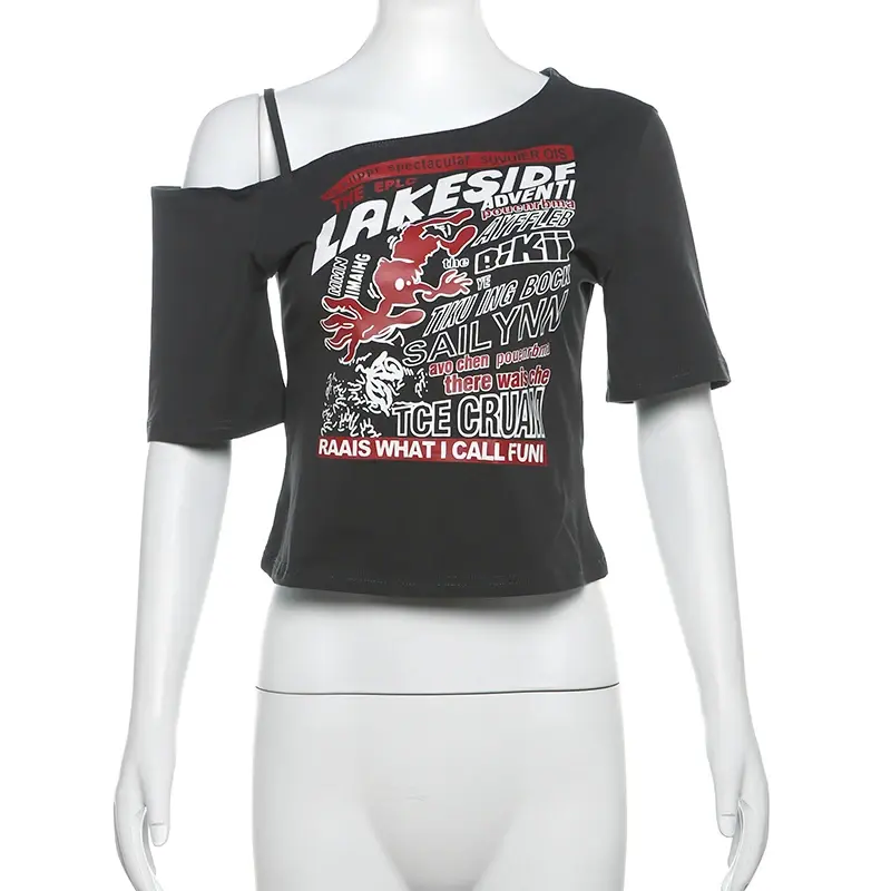 Y2K Sexy Grey Letter Print Short Sleeve Off-Shoulder T-Shirts New Fashion Crop Tops Women Summer Tees Streetwear
