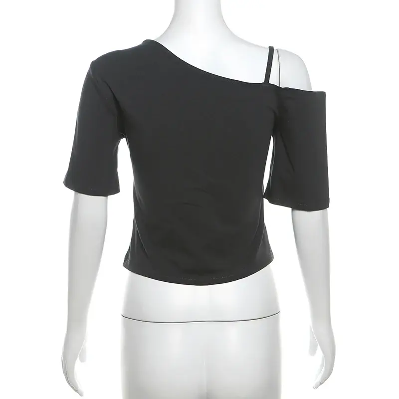 Y2K Sexy Grey Letter Print Short Sleeve Off-Shoulder T-Shirts New Fashion Crop Tops Women Summer Tees Streetwear