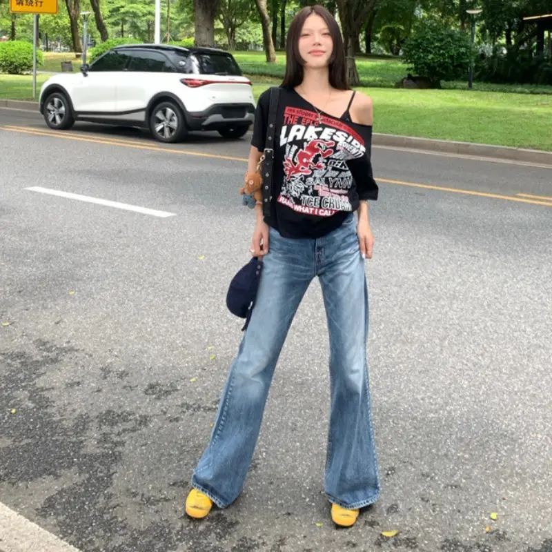 Y2K Sexy Grey Letter Print Short Sleeve Off-Shoulder T-Shirts New Fashion Crop Tops Women Summer Tees Streetwear