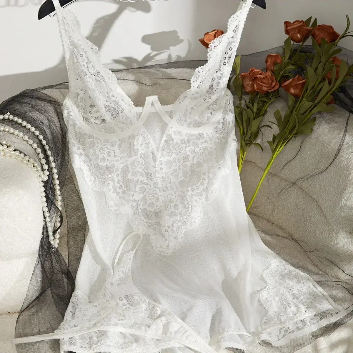 Autumn Winter Fashion Hollow Out Pajamas Dress Women's Sexy Mesh Perspective Lace Sleepwear Lingerie Set Female Solid Underwear