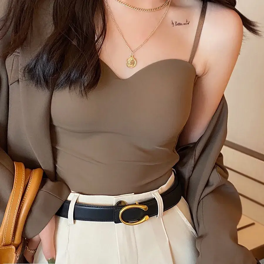 Women Summer Sleeveless Spaghetti Strap Slim Tube Top Seamless Built In Bra Crop Tops Fashion Camisole Underwear Top Tank Top