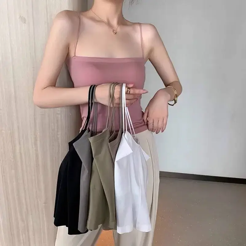 Women Summer Sleeveless Spaghetti Strap Slim Tube Top Seamless Built In Bra Crop Tops Fashion Camisole Underwear Top Tank Top