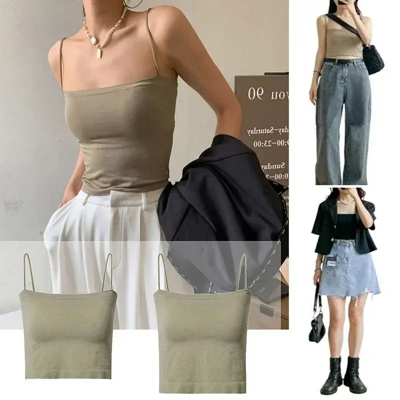 Women Summer Sleeveless Spaghetti Strap Slim Tube Top Seamless Built In Bra Crop Tops Fashion Camisole Underwear Top Tank Top