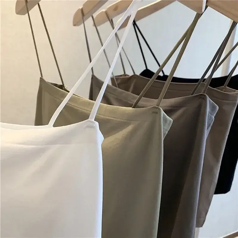 Women Summer Sleeveless Spaghetti Strap Slim Tube Top Seamless Built In Bra Crop Tops Fashion Camisole Underwear Top Tank Top