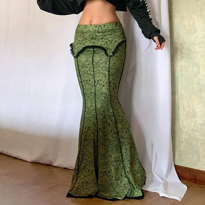 Vintage Fashion Elegant Green Trumpet Long Skirt Graphic Printed Lace Trim Y2K High Waist Skirt Women 2000s Aesthetic