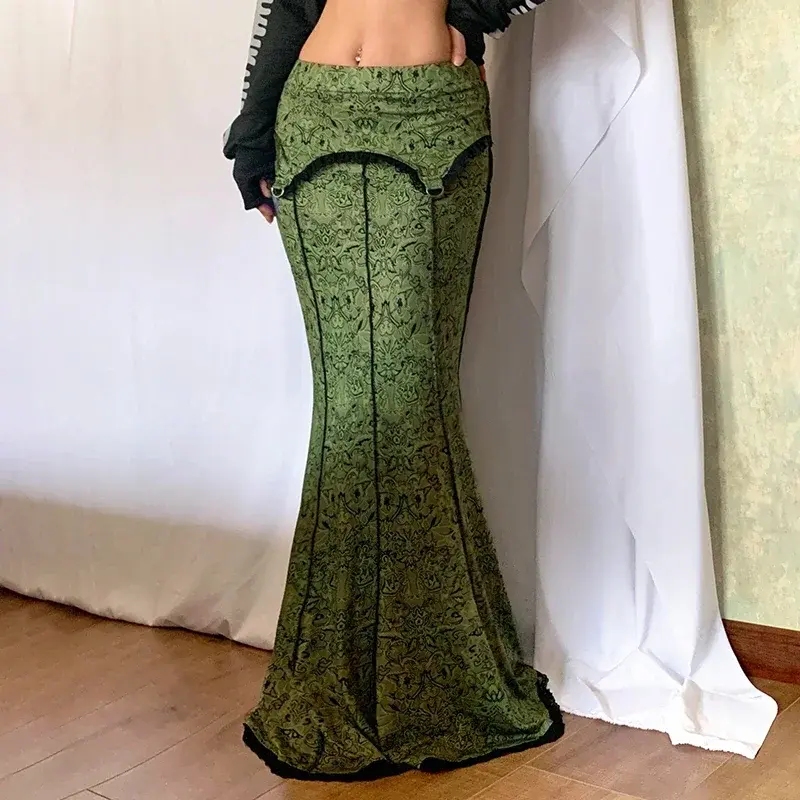 Vintage Fashion Elegant Green Trumpet Long Skirt Graphic Printed Lace Trim Y2K High Waist Skirt Women 2000s Aesthetic