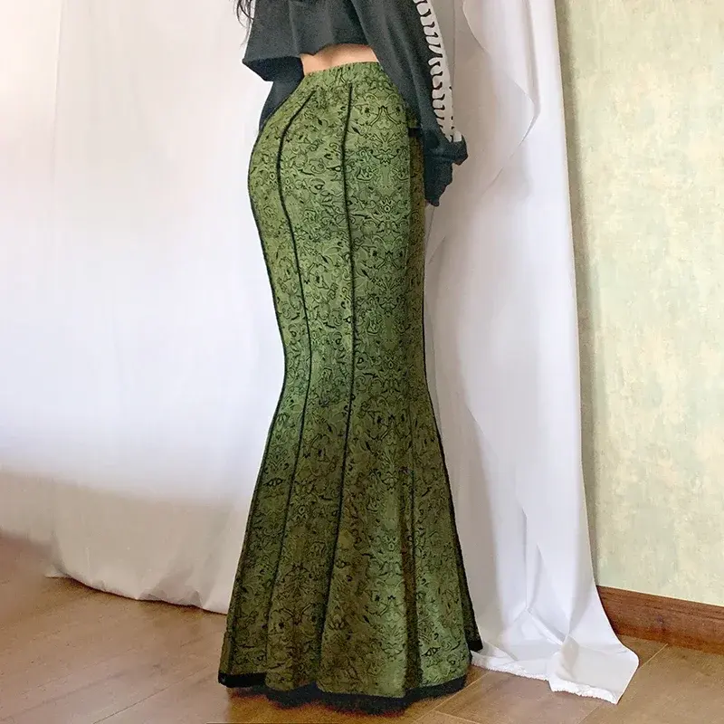 Vintage Fashion Elegant Green Trumpet Long Skirt Graphic Printed Lace Trim Y2K High Waist Skirt Women 2000s Aesthetic