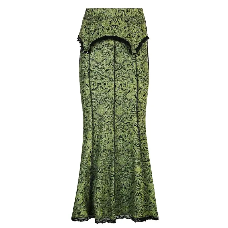 Vintage Fashion Elegant Green Trumpet Long Skirt Graphic Printed Lace Trim Y2K High Waist Skirt Women 2000s Aesthetic