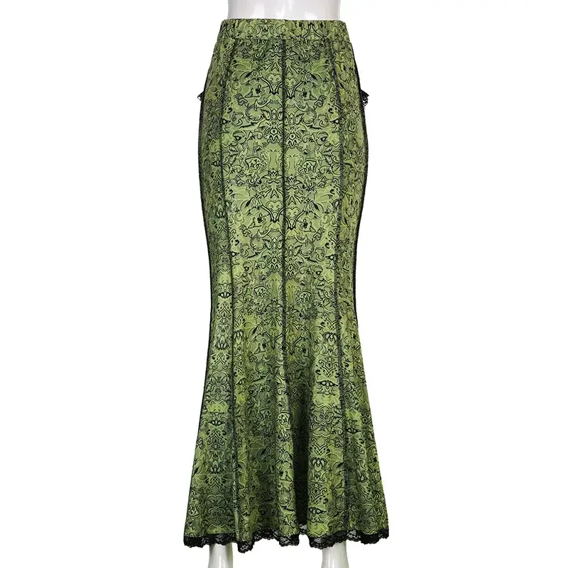 Vintage Fashion Elegant Green Trumpet Long Skirt Graphic Printed Lace Trim Y2K High Waist Skirt Women 2000s Aesthetic