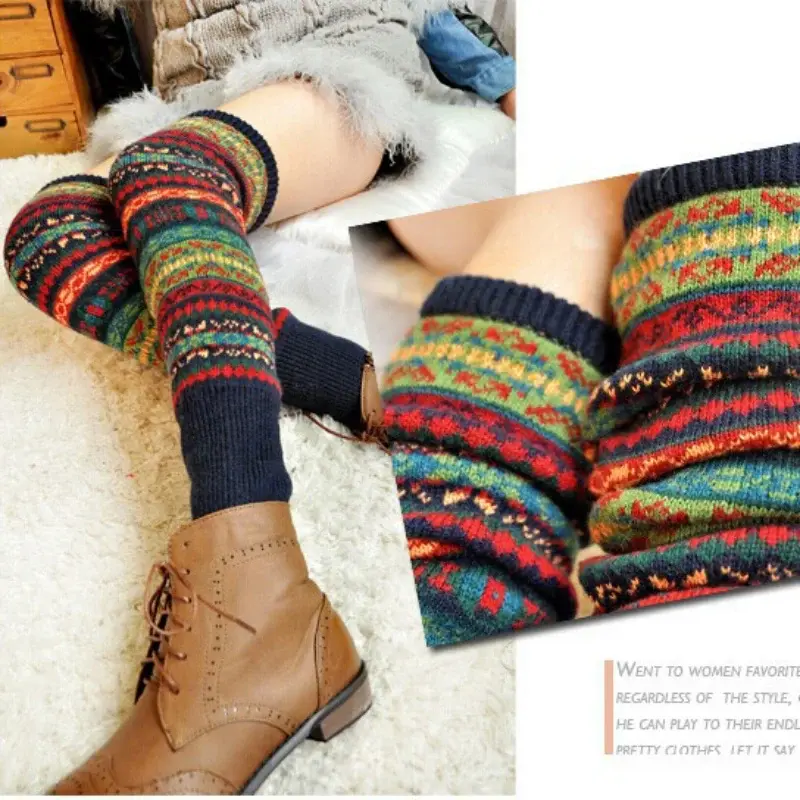 Bohemian Camouflage Thickened Women's Over-the-knee Warm Leggings Fashion Knit Knee High Crochet Socks Boot Cuffs Been Warmers