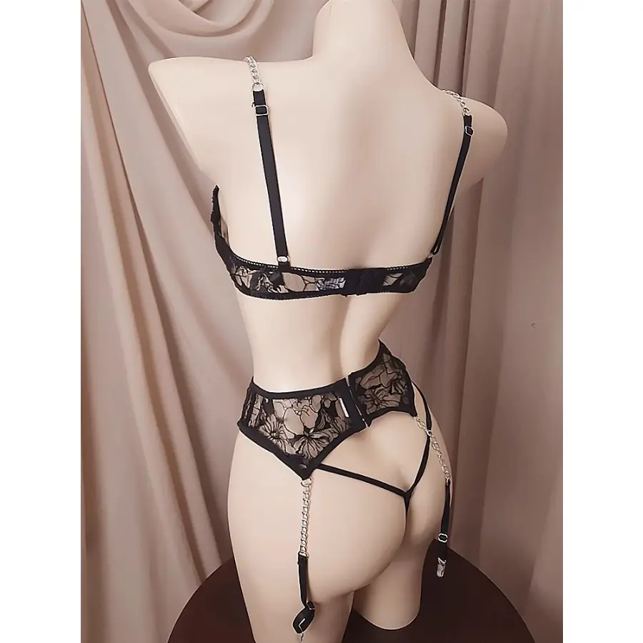 Women Chain Lace Embroidery Lingerie Set New Fashion Sexy Perspective Hollow Out Erotic Apparel Suit Three-point Style Underwear