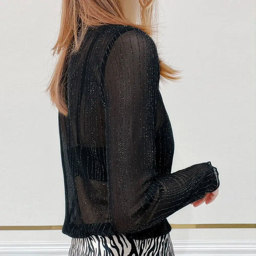 Women's Elegant See Spring Summer Through Mesh Blouse Long Sleeve Transparent Shining Sexy Shirt Fashion Women Tops S-2XL