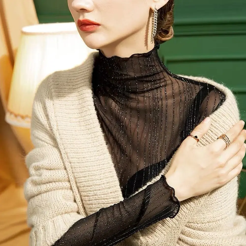 Women's Elegant See Spring Summer Through Mesh Blouse Long Sleeve Transparent Shining Sexy Shirt Fashion Women Tops S-2XL