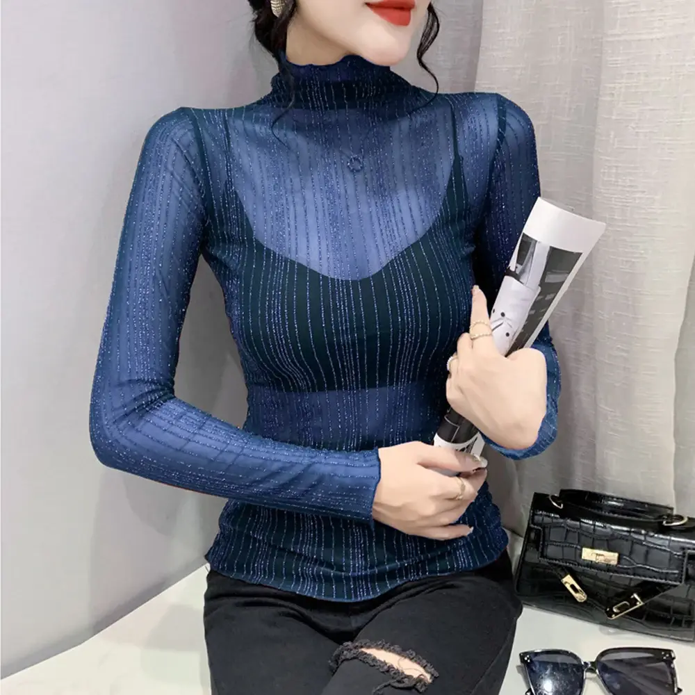 Women's Elegant See Spring Summer Through Mesh Blouse Long Sleeve Transparent Shining Sexy Shirt Fashion Women Tops S-2XL